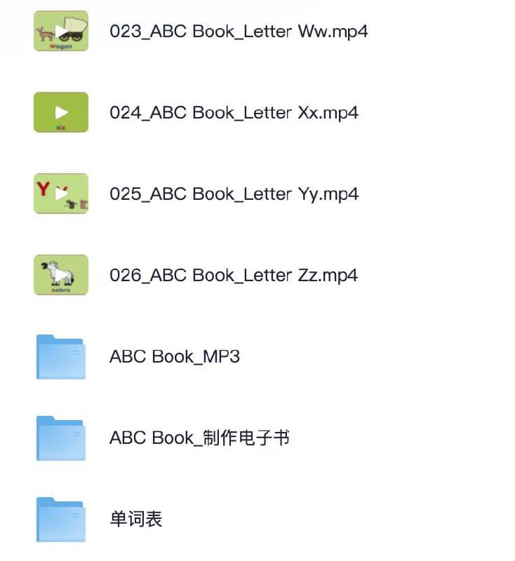 ABCbook （26集）AR0.8（含单词表、故事书、音频和视频）